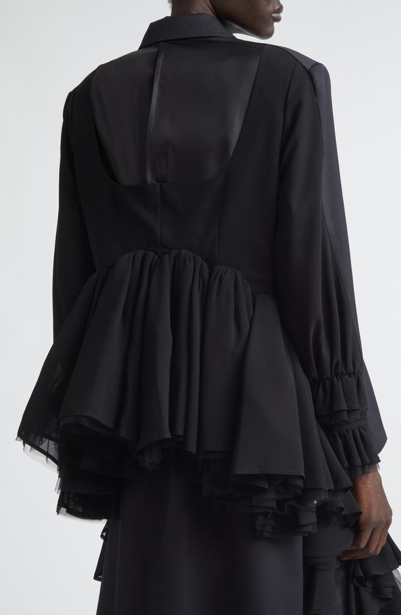 Noir Kei Ninomiya Single Breasted Wool Gabardine Blazer with Tulle Ruffles, Alternate, color, Black X Black