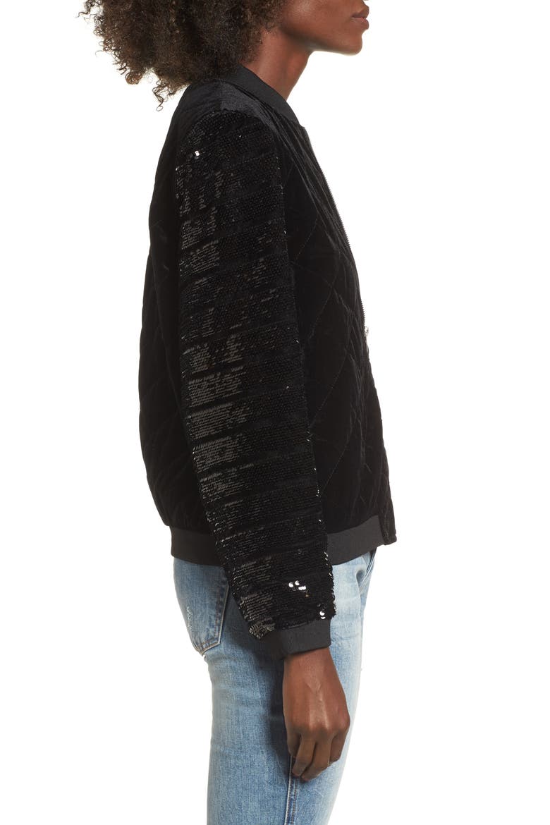 Quilted Sequin & Velvet Bomber, Alternate, color, BLACK