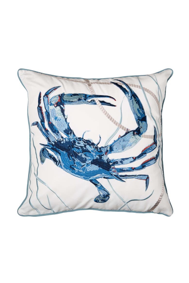 Blue Claw and Rope Crab Coastal Nautical Embroidered Throw Pillow, 20" x 20", Main, color, Blue