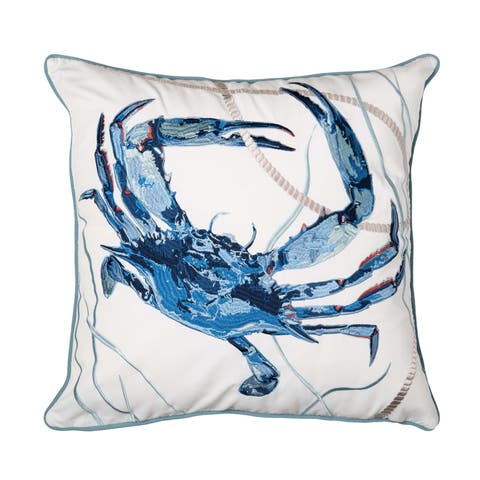 Blue Claw and Rope Crab Coastal Nautical Embroidered Throw Pillow, 20" x 20"