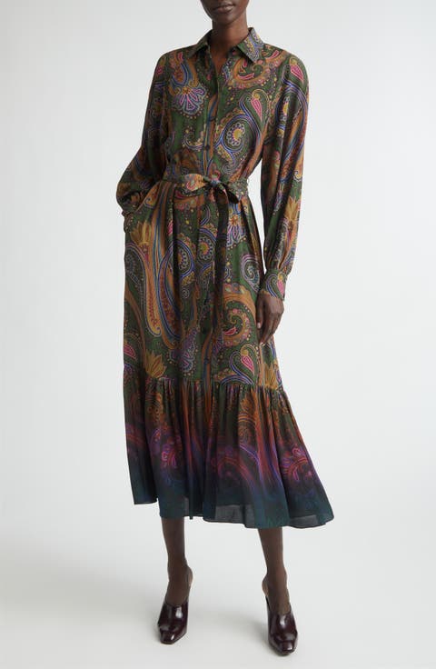 Paisley Print Long Sleeve Shirtdress