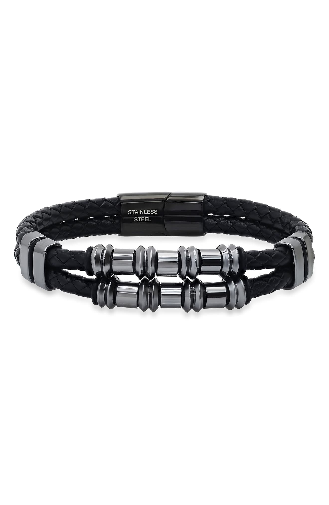HMY JEWELRY Mens' Double-Strand Bead & Braided Leather Bracelet