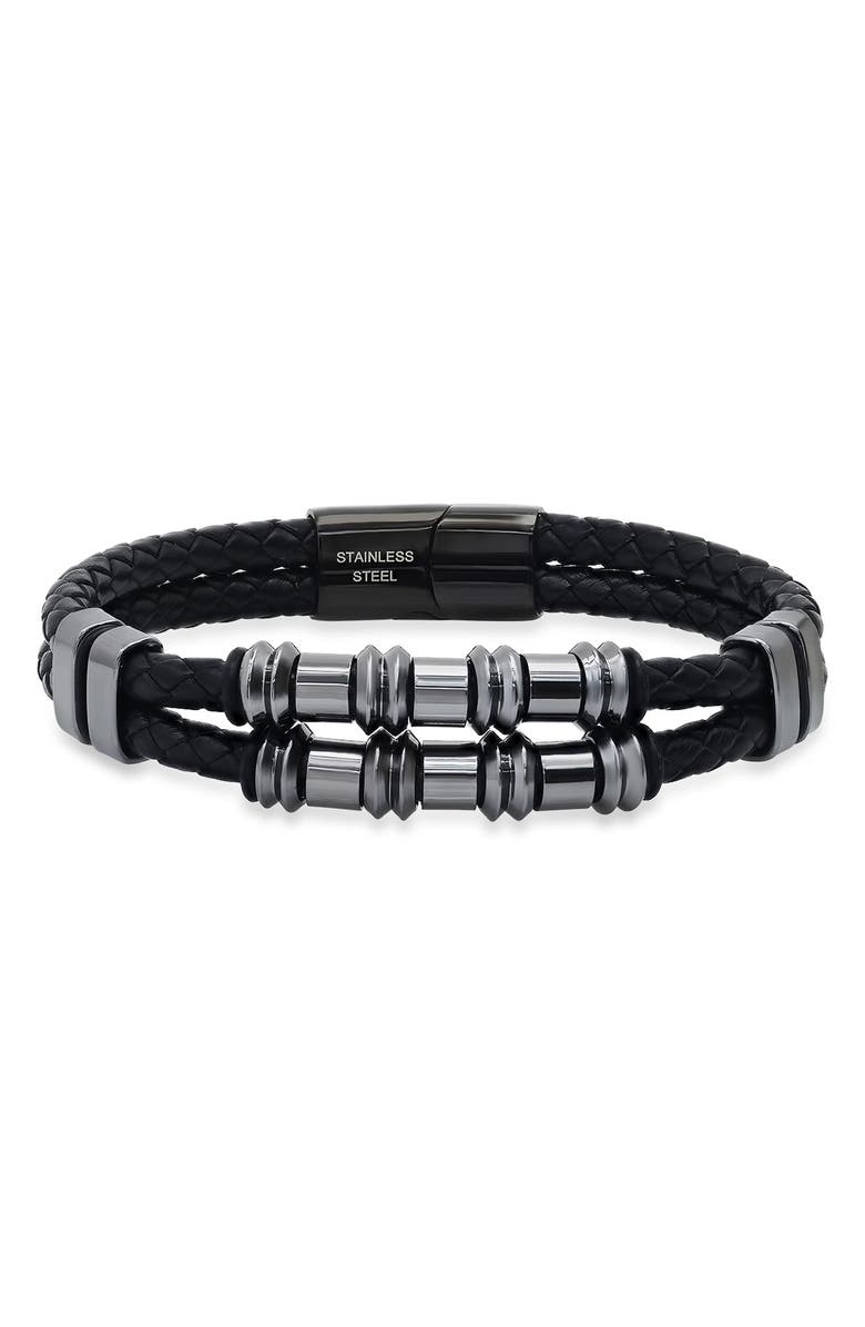 HMY JEWELRY Mens' Double-Strand Bead & Braided Leather Bracelet, Main, color, Gunmetal/ Black