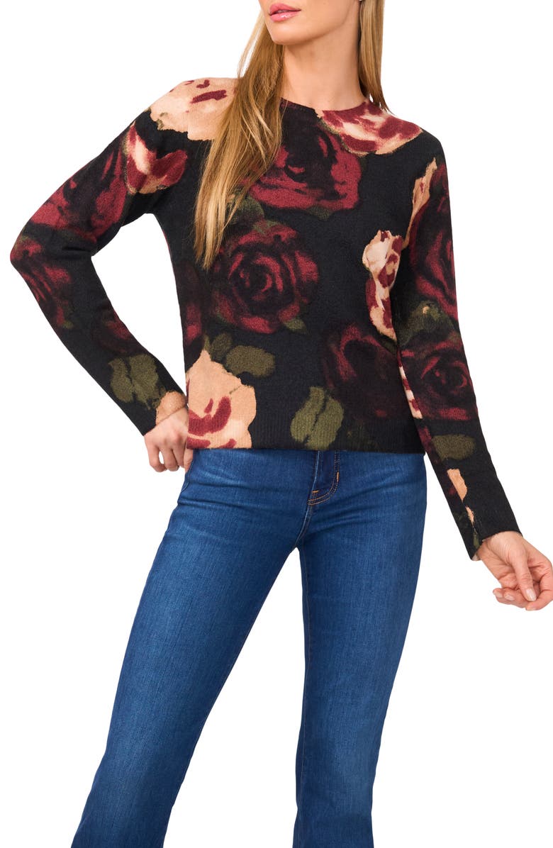Halogen<sup>®</sup> Floral Print Crewneck Sweater, Main, color, Rich Black