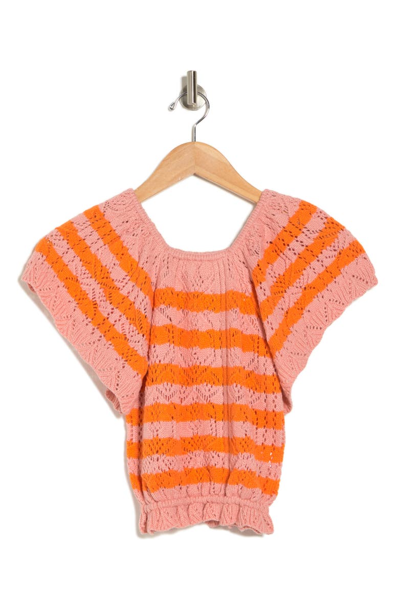 Lala Stripe Open Stitch Off the Shoulder Sweater, Alternate, color, CORAL CLOUD