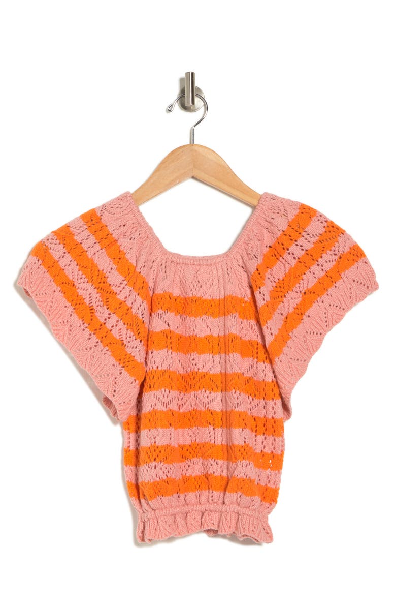 BY DESIGN Lala Stripe Open Stitch Off the Shoulder Sweater, Alternate, color, Coral Cloud