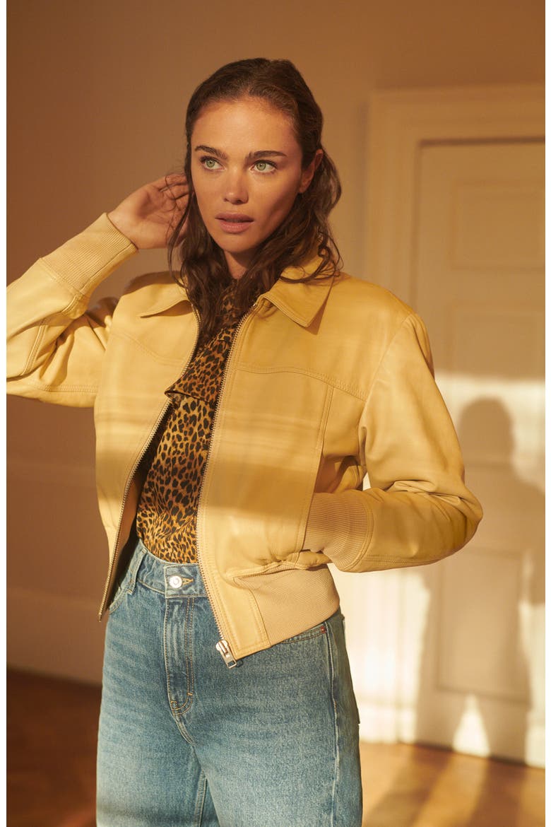 Leather Bomber Jacket, Alternate, color, BUTTERMILK
