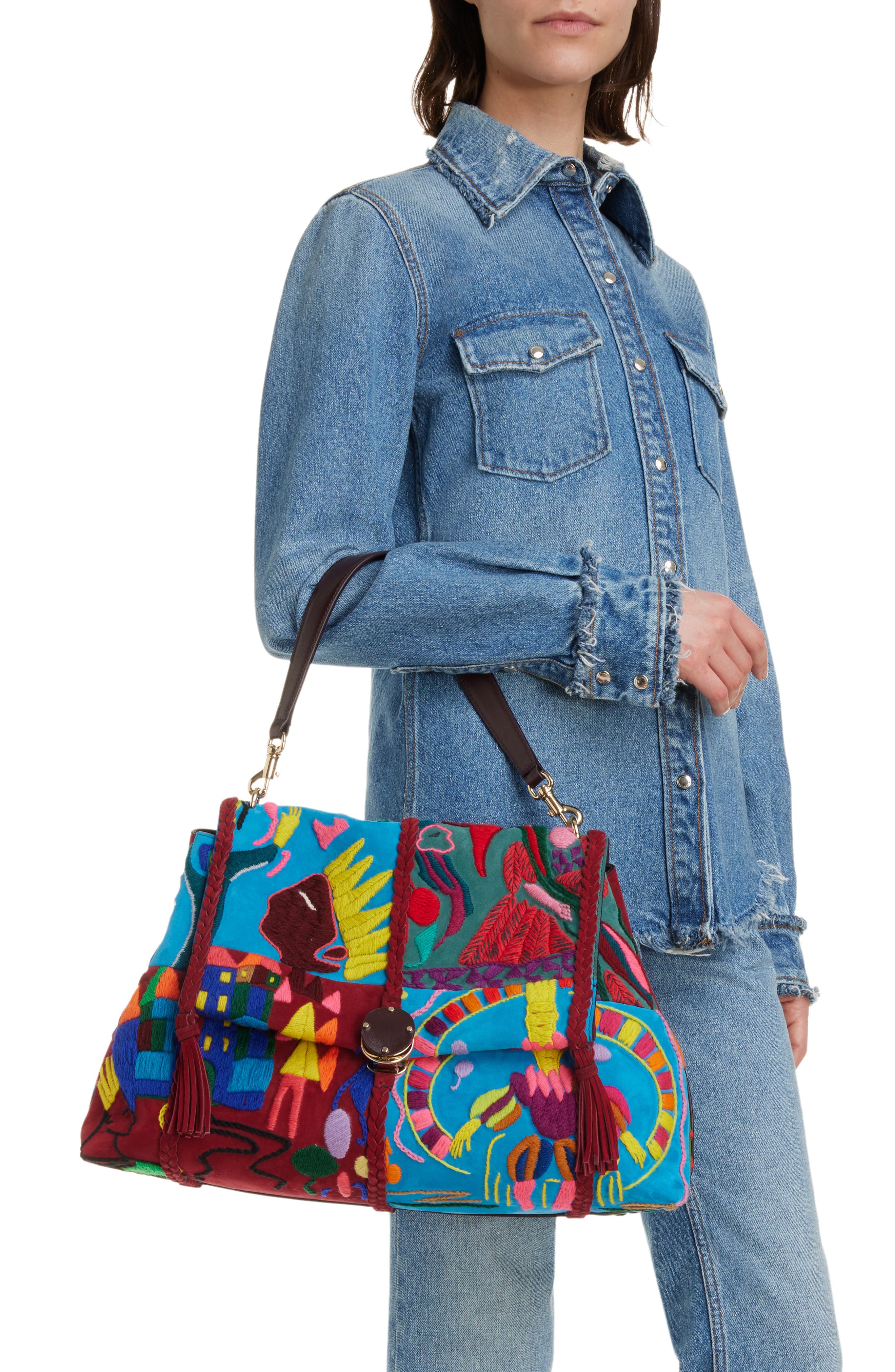 Chloé Medium Penelope Flap Embroidered Suede Shoulder Bag, Alternate, color, 