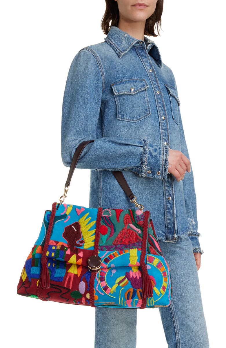 Chloé Medium Penelope Flap Embroidered Suede Shoulder Bag, Alternate, color,