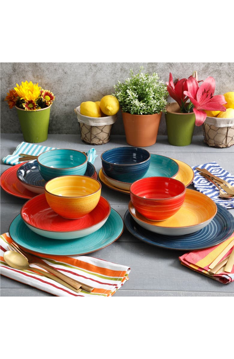 Gibson Home Color Speckle 12 Piece Mix and Match Double Bowl Dinnerware Set in 4, Alternate, color, Yellow