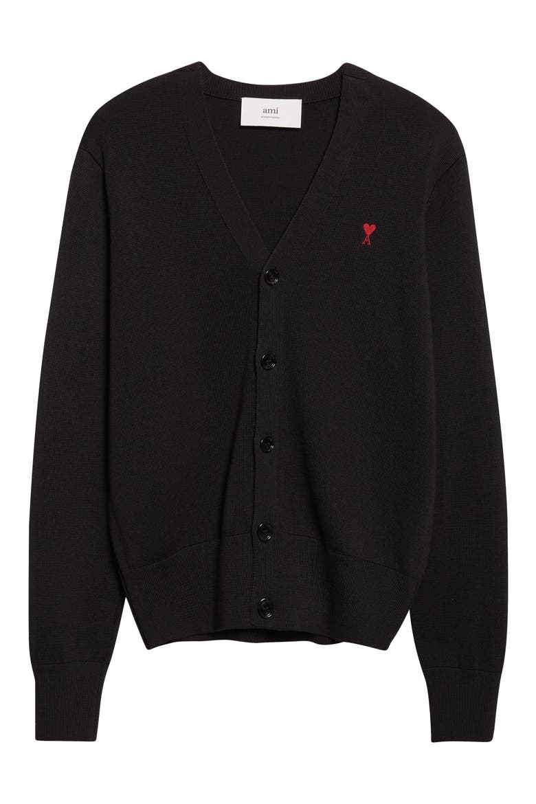 Ami de Coeur Patch Merino Wool Cardigan, Alternate, color, NOIR/ ROUGE