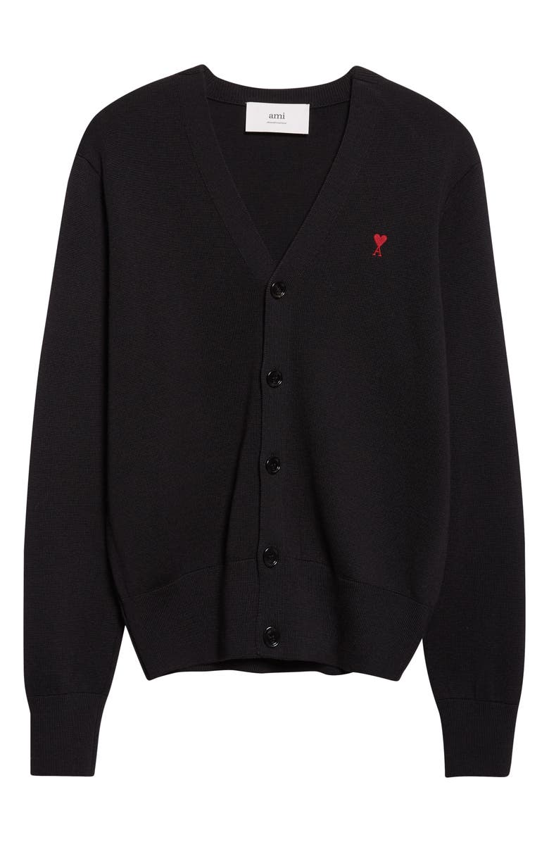 AMI PARIS Ami de Coeur Patch Merino Wool Cardigan, Alternate, color, Noir/ Rouge