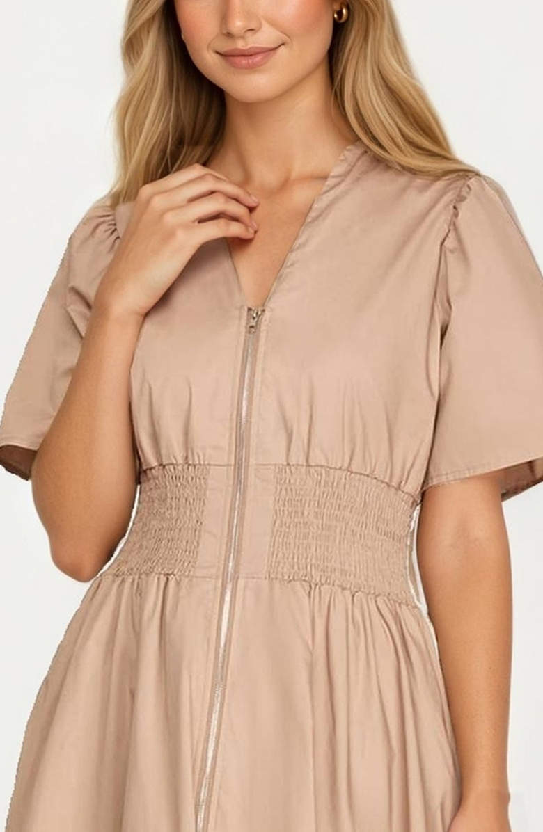 Knit and Lounge Zip-Front Smocked Waist Short Sleeve Midi Dress, Alternate, color,