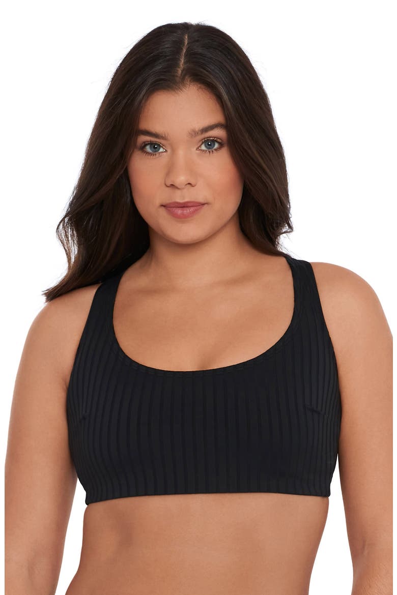Supportive and Sculpting Ribbed Scoopneck Crossback Bralette Swimsuit Top, Main, color, Onyx Black