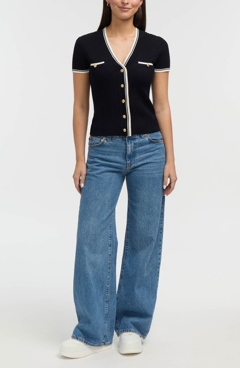 NVLT Stripe Short Sleeve Crop Cardigan, Alternate, color, Black/Marshmallow