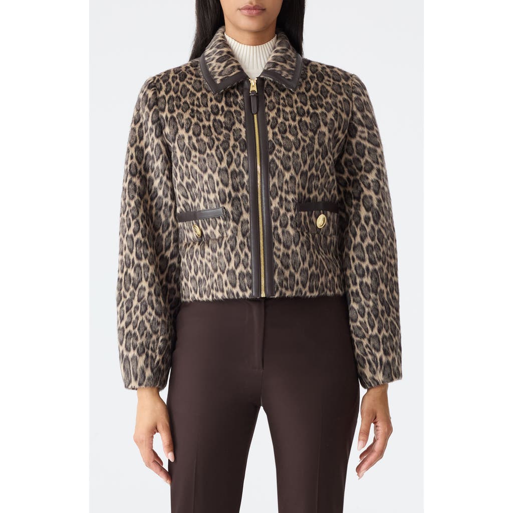 Mackage Animal Print Cropped Leather Trim Jacket In Brown