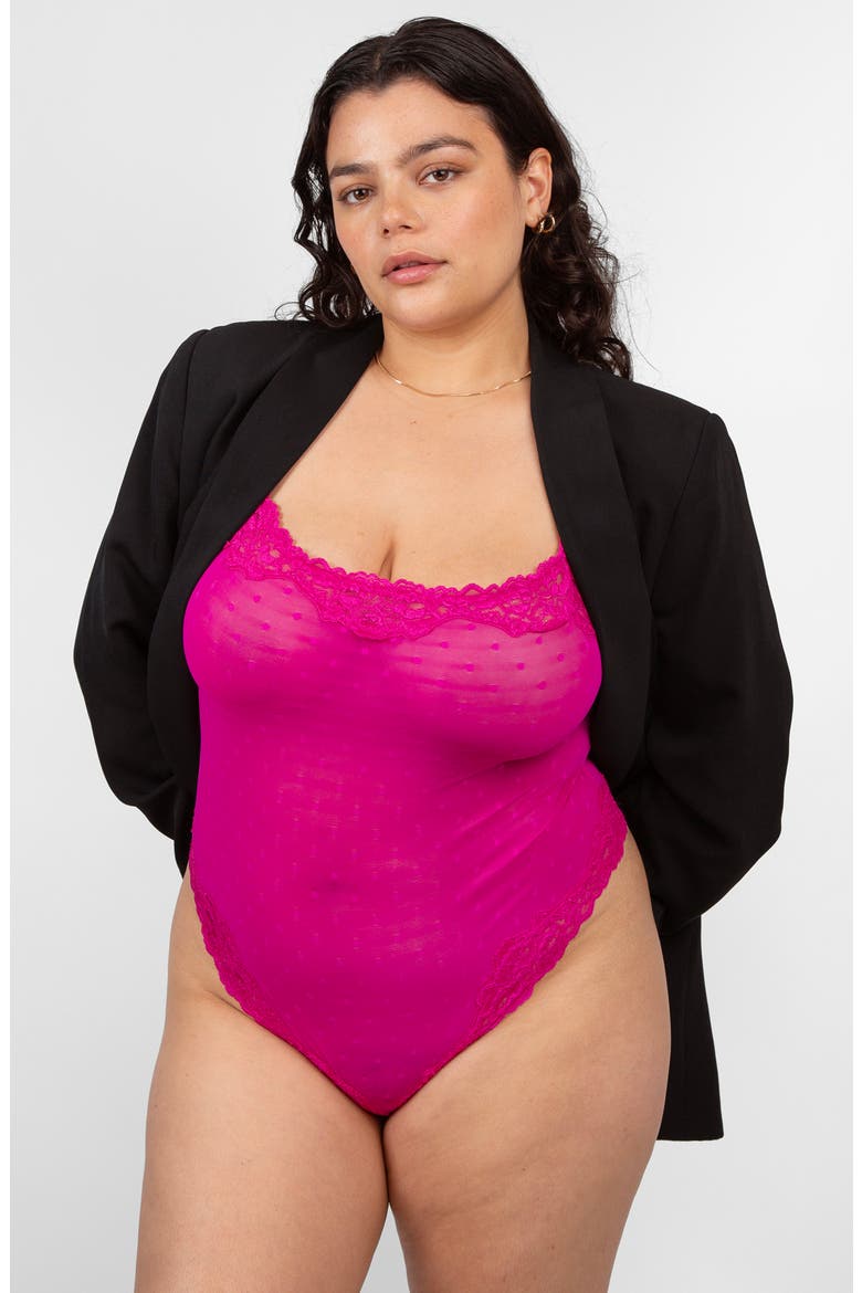 Sheer Whisper Lace Thong Teddy, Alternate, color, GLAMBERRY