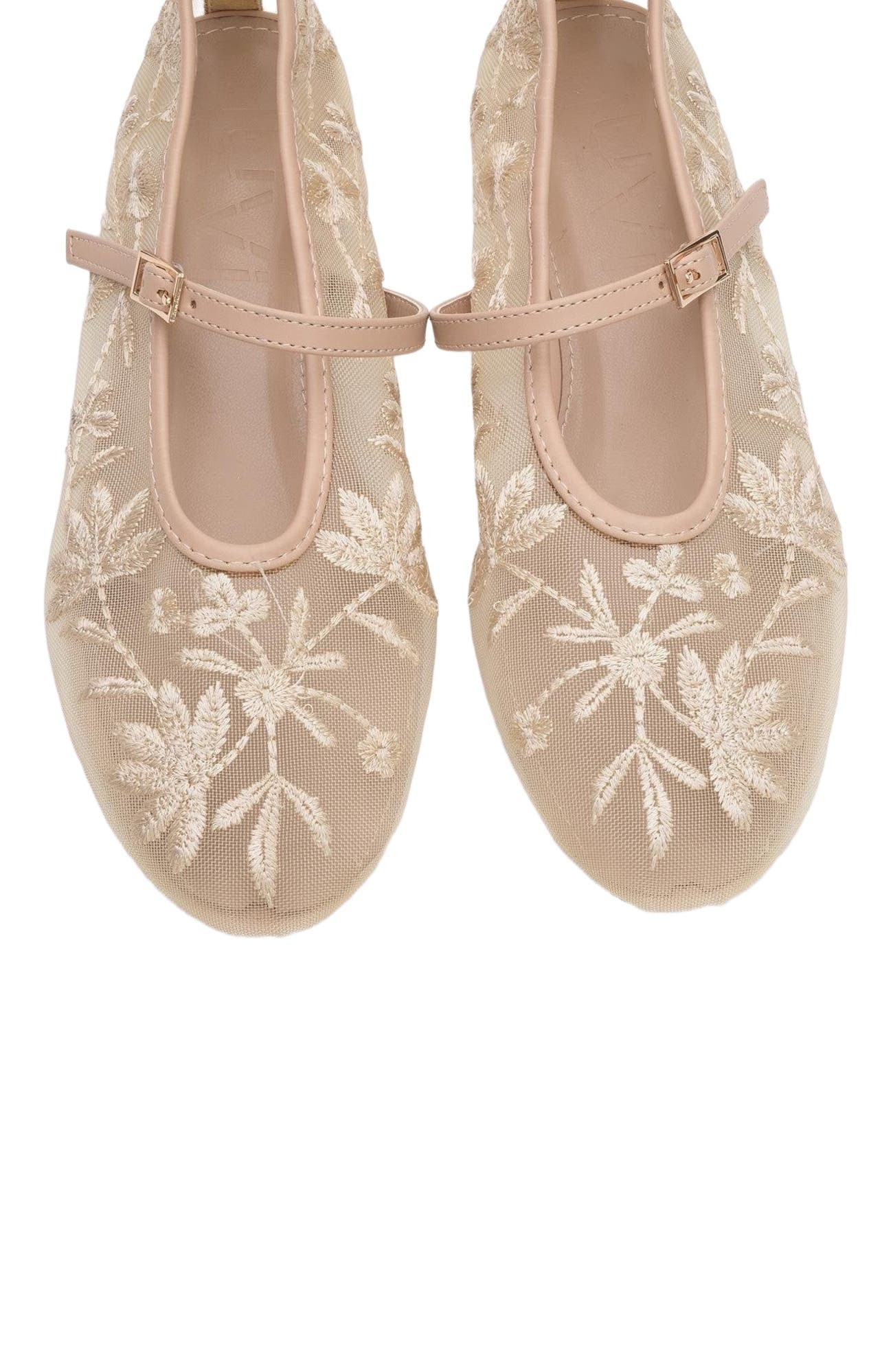 Prologue Shoes Juny Mesh Floral Embroidery Ballet Flat, Alternate, color, Beige Faux Leather
