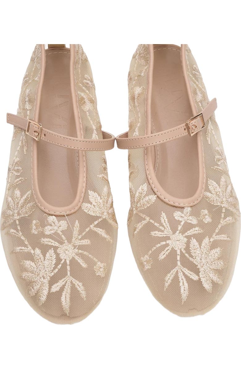 Prologue Shoes Juny Mesh Floral Embroidery Ballet Flat, Alternate, color, Beige Faux Leather