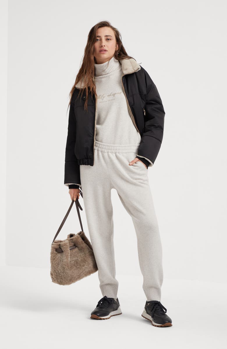 Brunello Cucinelli Water-resistant techno satin down jacket with shearling inserts and monili, Alternate, color,