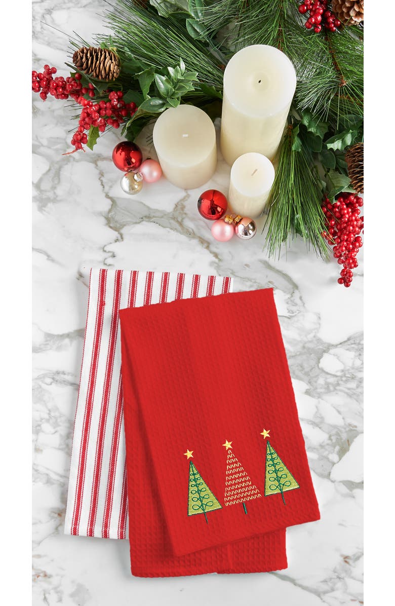 C&F Home 27" x 18" Three Christmas Trees Embroidered Cotton Waffle Weave Kitchen Dishtowel, Alternate, color, Red