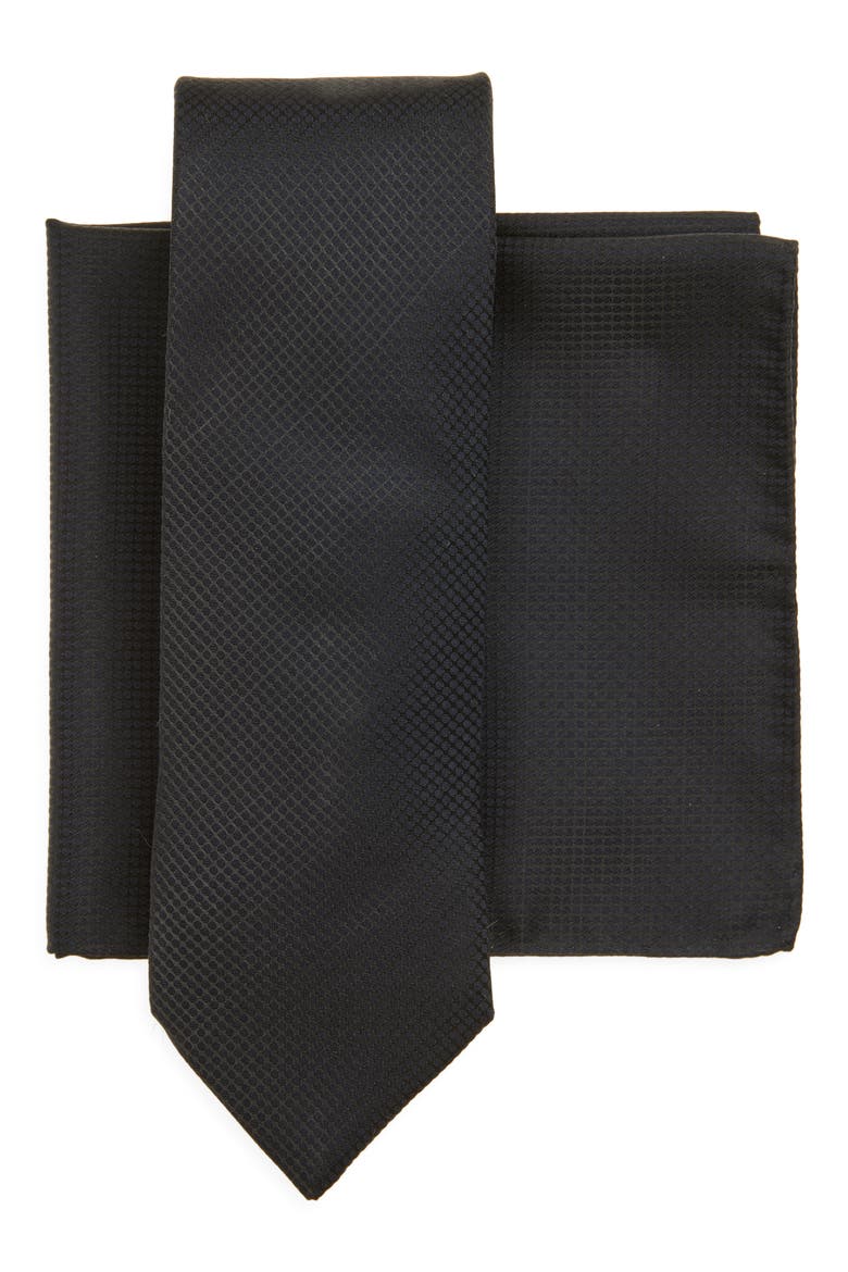 Black Geometric Jacquard Tie & Pocket Square Set, Main, color, BLACK