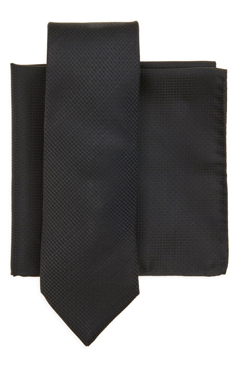 BOSS Black Geometric Jacquard Tie & Pocket Square Set, Main, color, Dark Blue
