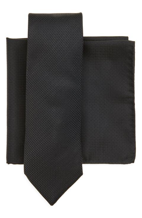 Black Geometric Jacquard Tie & Pocket Square Set