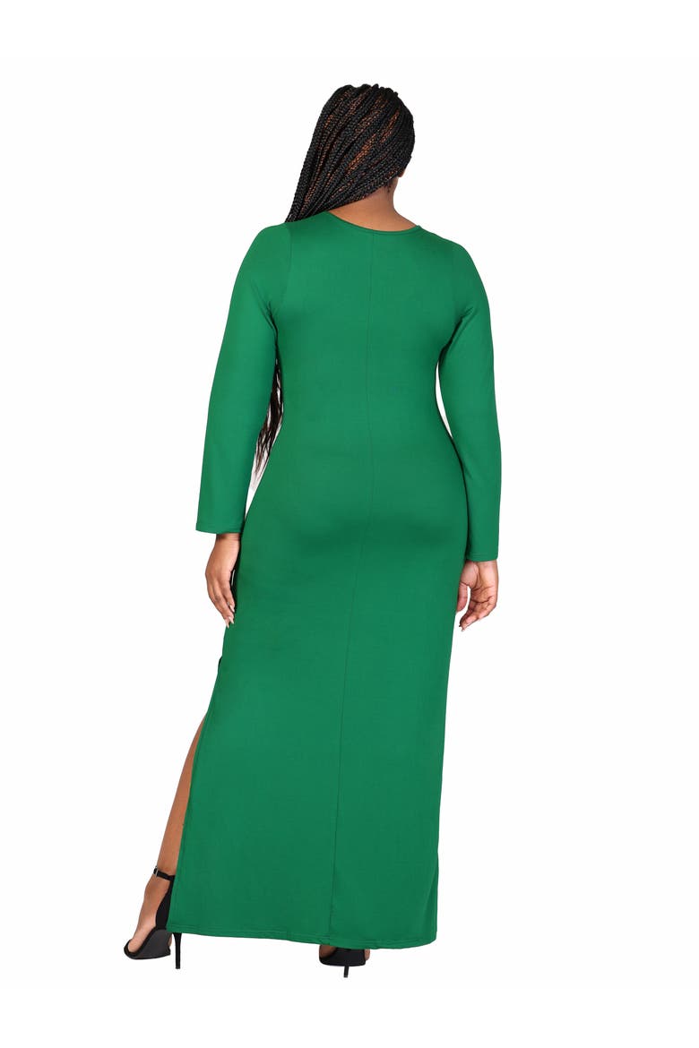 Plus Size Long Sleeve Side Slit Fitted Black  Maxi Dress, Alternate, color, Emerald