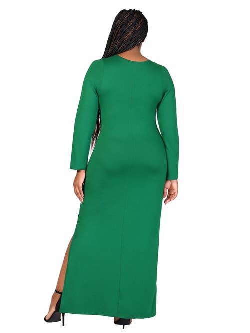 24seven Comfort Apparel Plus Size Long Sleeve Side Slit Fitted Black Maxi Dress In Green