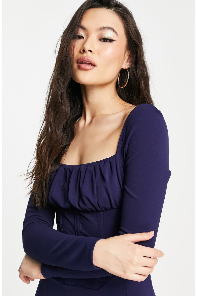 Ruched Long Sleeve Corset Midi Dress, Alternate, color, MEDIUM BLUE