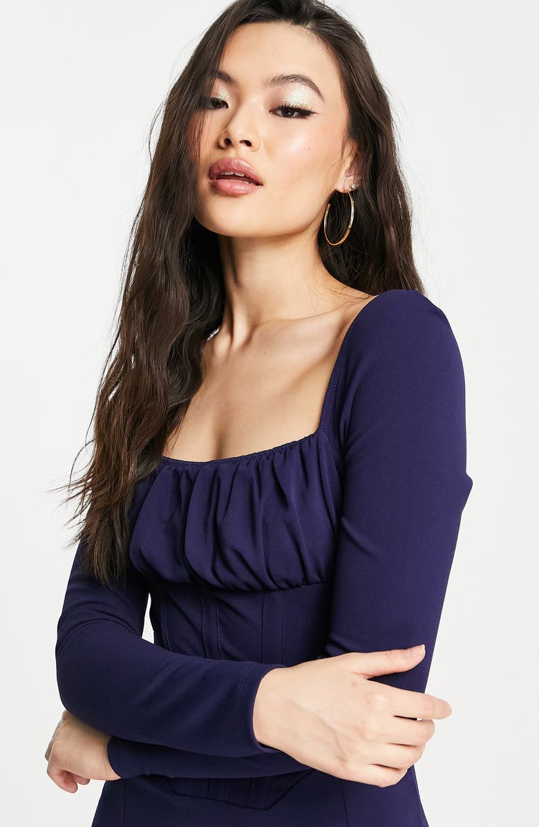 ASOS DESIGN Ruched Long Sleeve Corset Midi Dress, Alternate, color, 