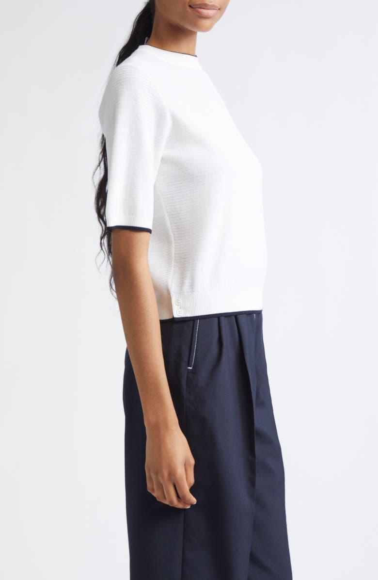 Thom Browne Tipped Textured Stitch Short Sleeve Virgin Wool Top, Alternate, color, White