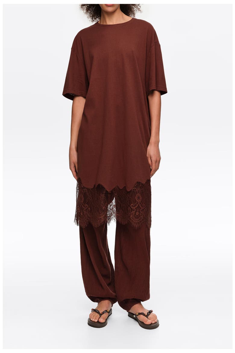 Short Lace T-Shirt Dress, Main, color, BROWN