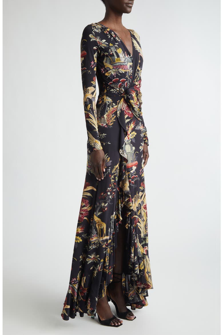 Placed Print Long Sleeve Jersey Maxi Wrap Dress, Alternate, color, BLACK
