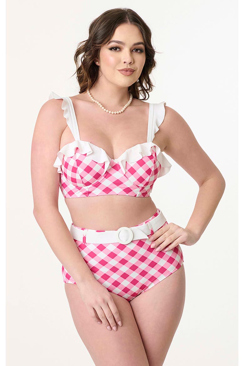 Ruffled Longline Southampton Swim Top, Main, color, Pink Gingham