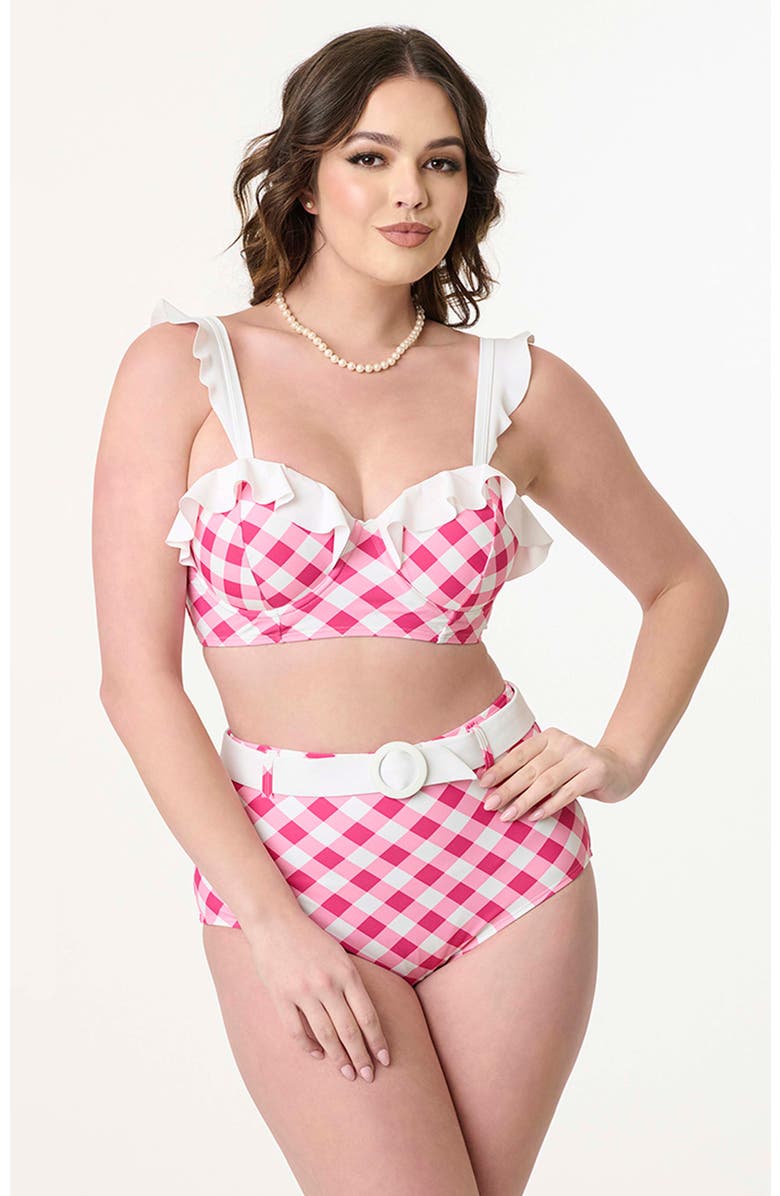 Unique Vintage Ruffled Longline Southampton Swim Top, Main, color, Pink Gingham
