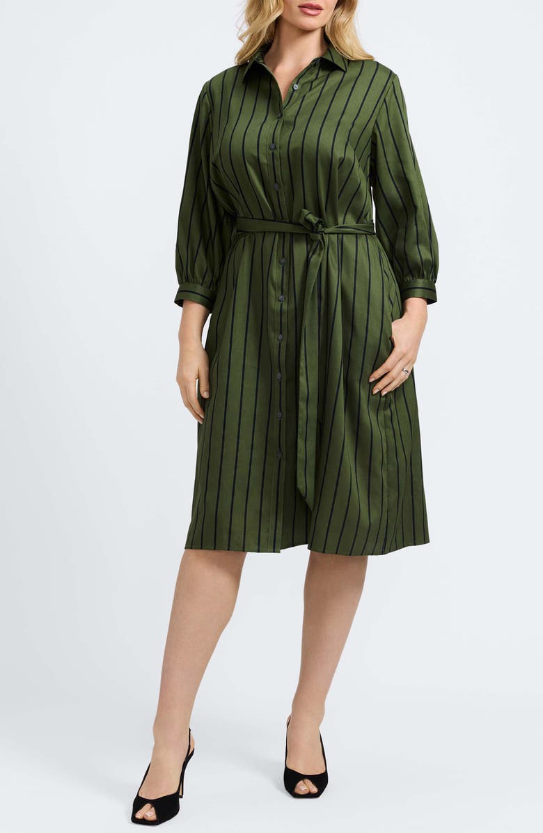 Foxcroft Esther Stripe Cotton Shirtdress, Main, color, Basil Green/ Black