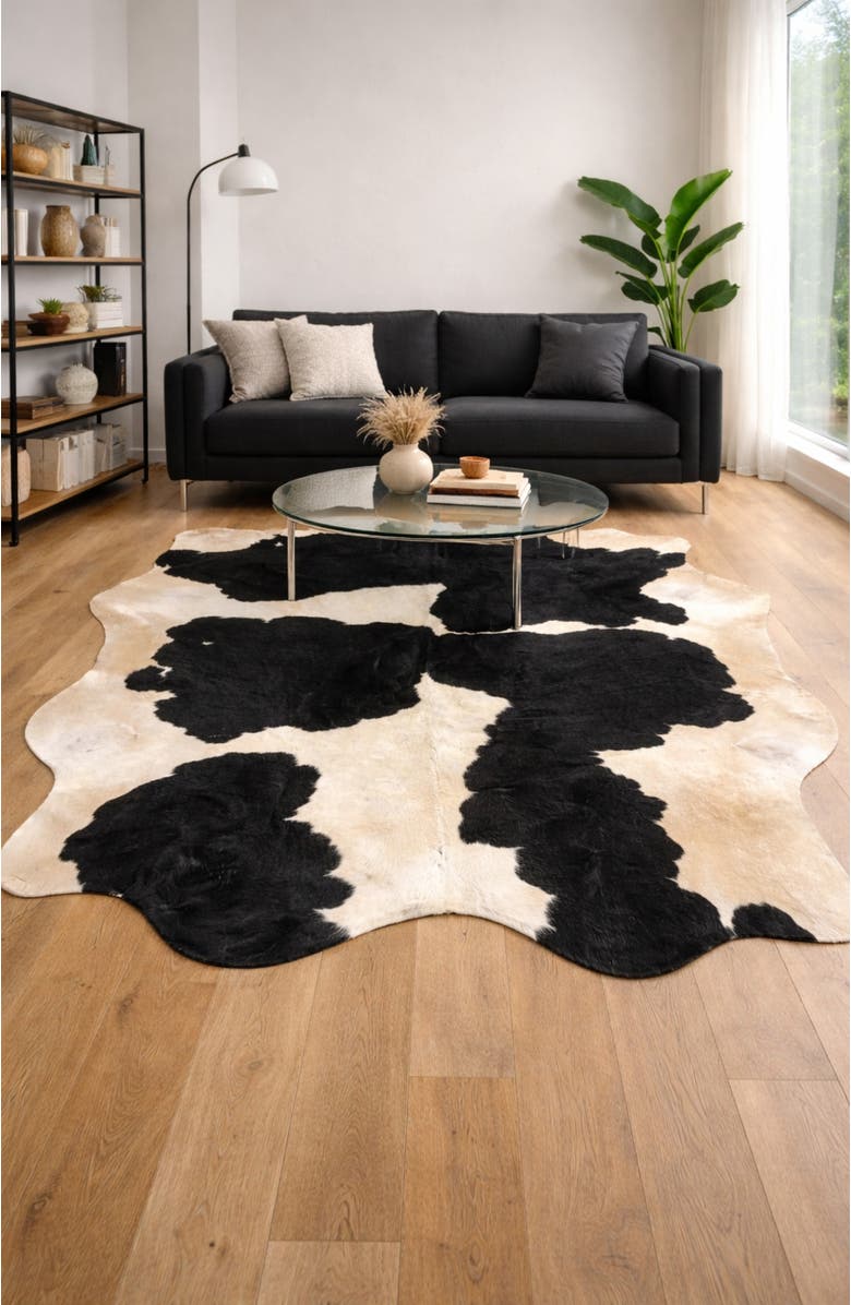Rhacam Eco Hide Audrey Black and white Cowhide Rug  7'1" × 6'2", Alternate, color, Black And White