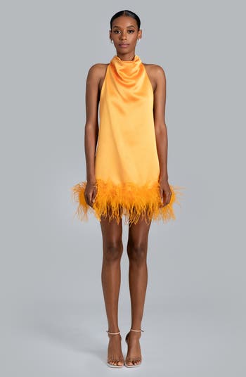 Nolita Feather Trim Halter Satin Cocktail Minidress