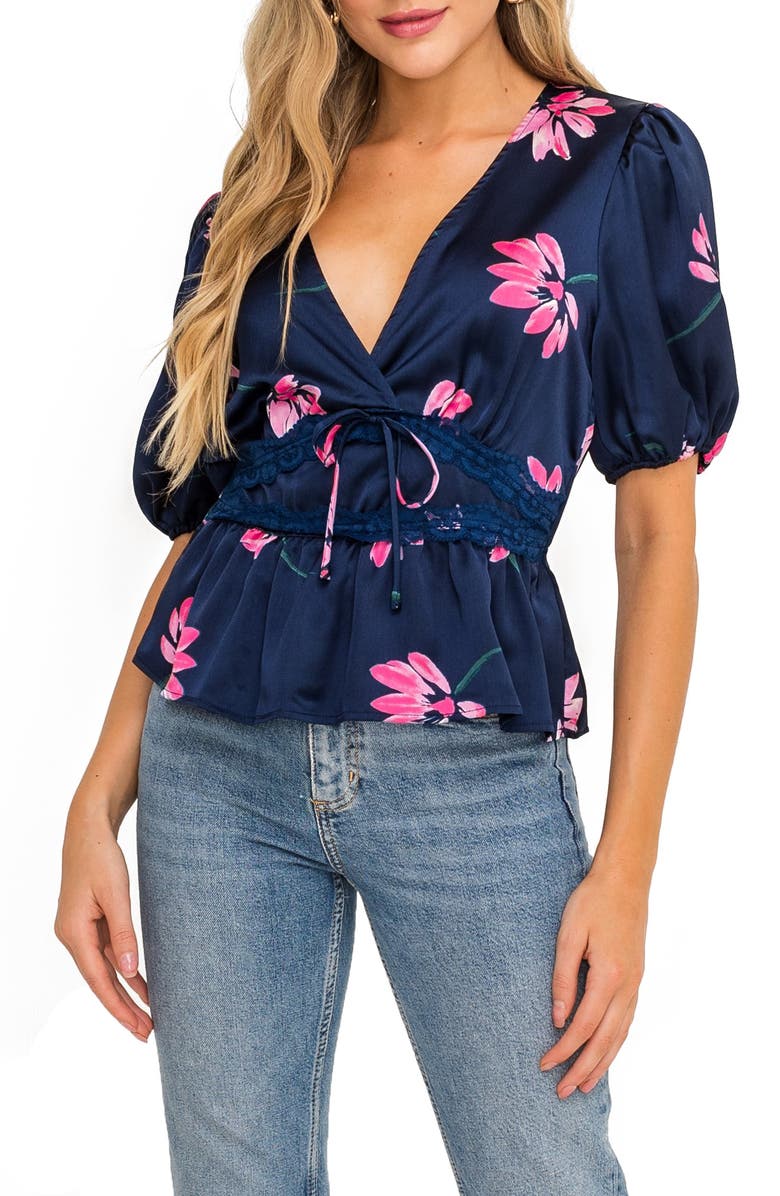 All in Favor Lace Trim Floral Satin Top, Main, color,