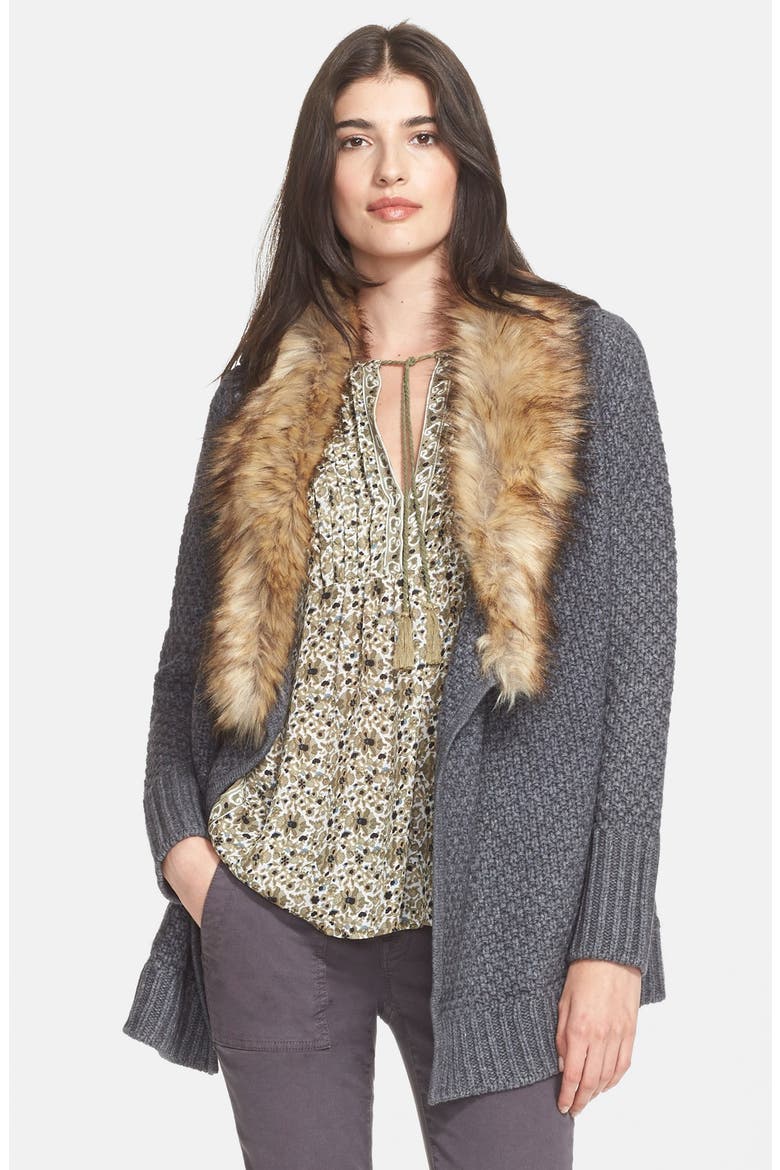 'Jamilee C' Faux Fur Collar Wool Cardigan, Main, color, HEATHER GREY/ WARM NATURAL