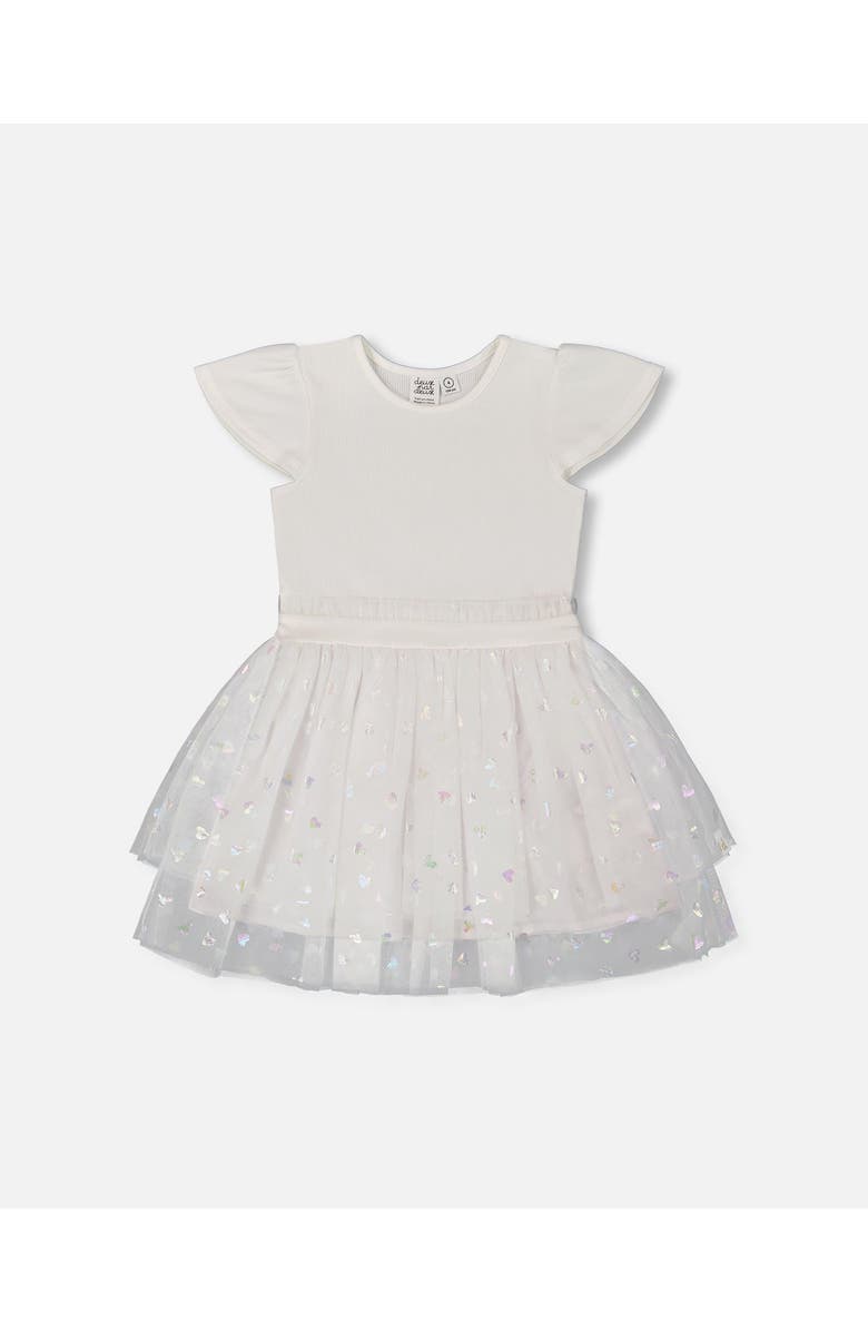Deux par Deux Little Girl's Bi-Material Dress With Glitter Hearts Skirt Snow White, Main, color, 