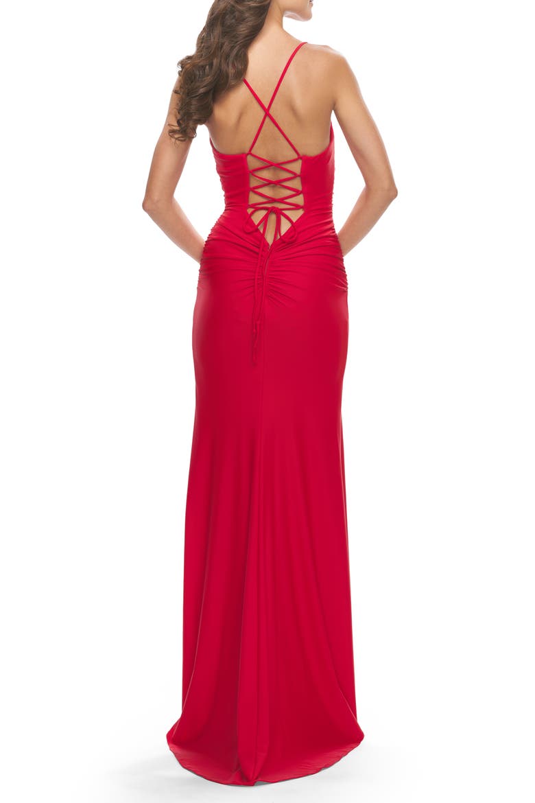 Ruched Jersey Dress with Lace Up Back, Alternate, color, Red