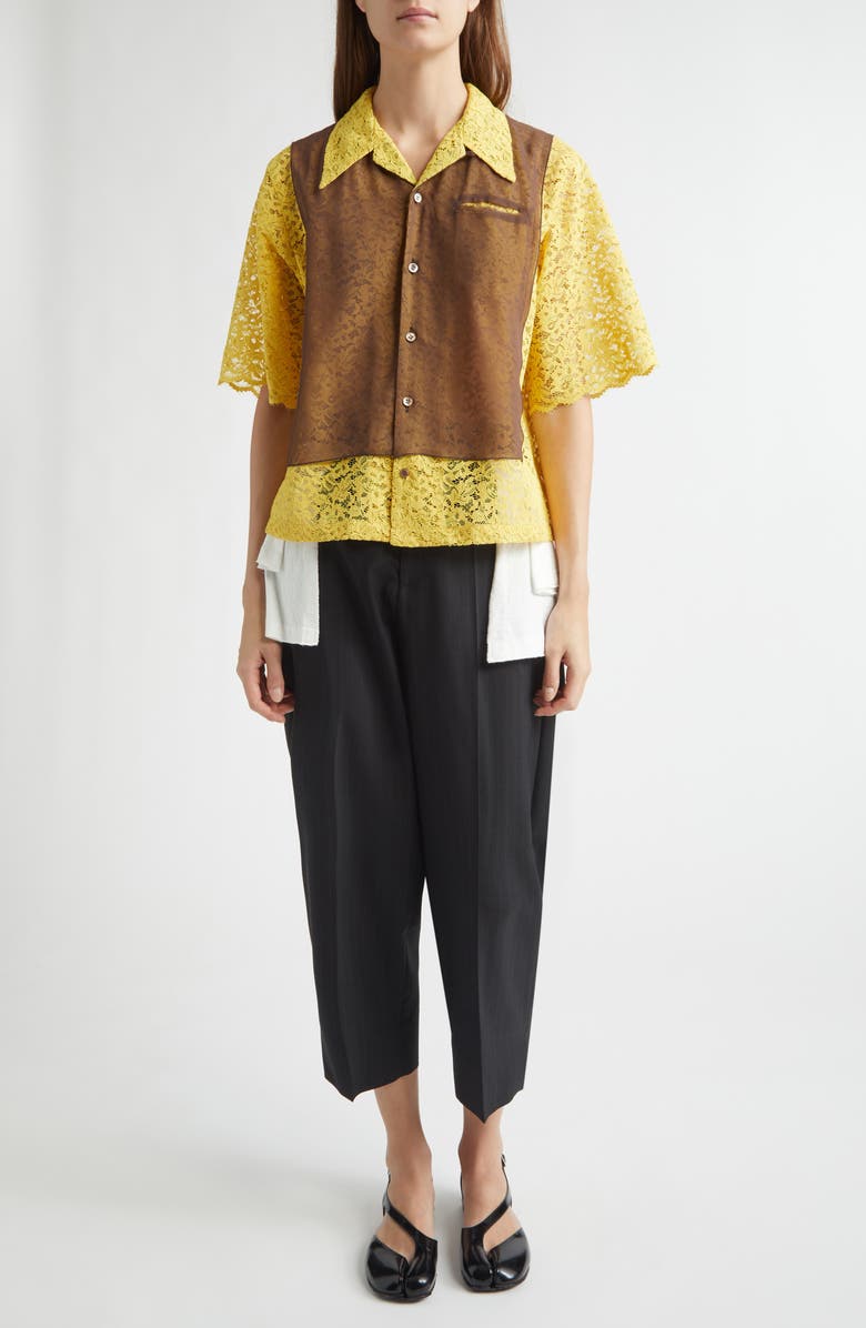 Undercover Mixed Media Lace & Chiffon Camp Shirt, Alternate, color, Yellow
