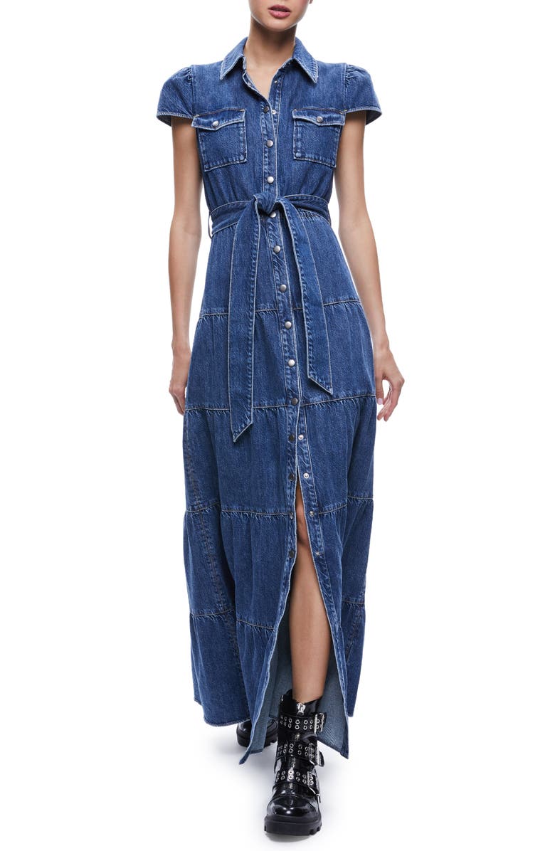 Alice + Olivia Miranda Tie Belt Denim Maxi Shirtdress, Alternate, color, 