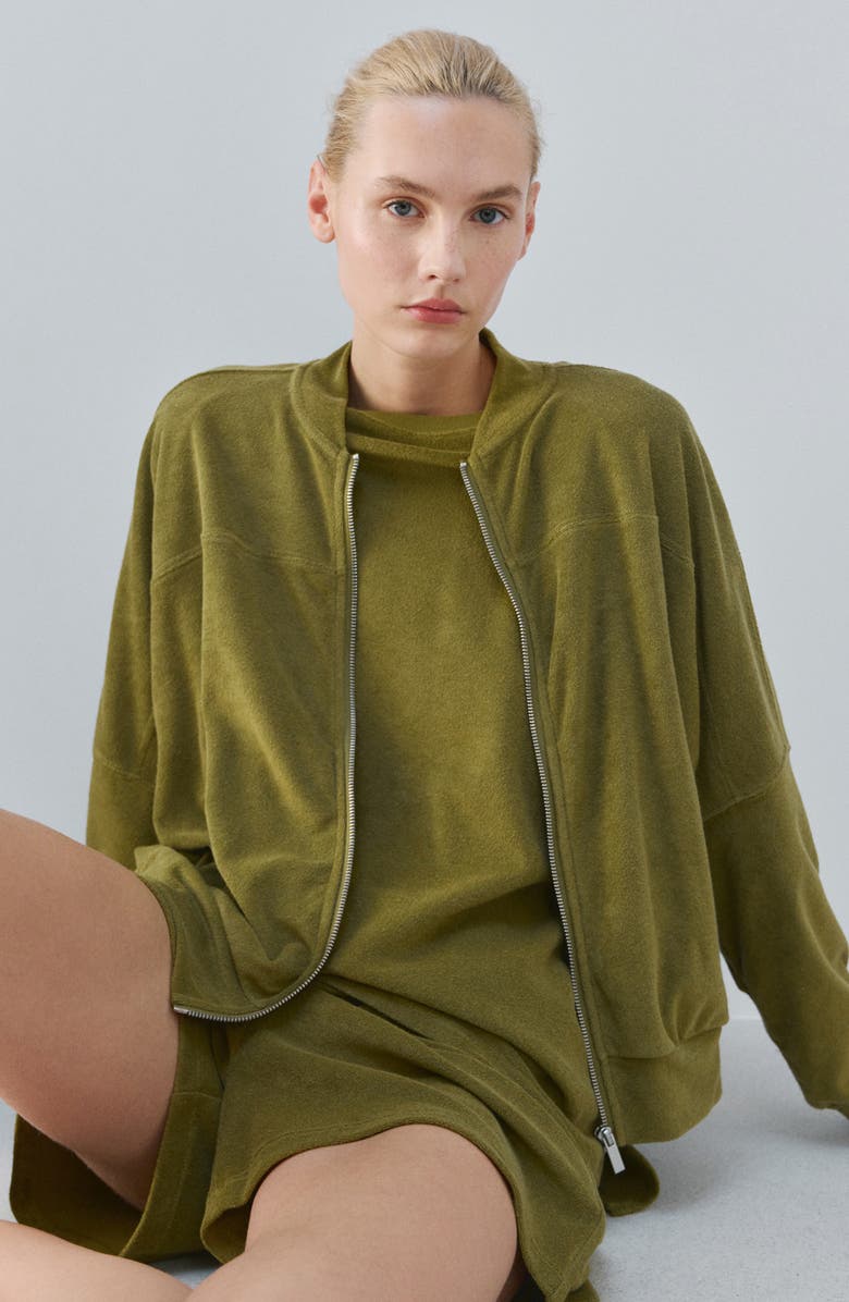 MANGO Cotton Blend Terry Bomber Jacket, Alternate, color, Khaki Green