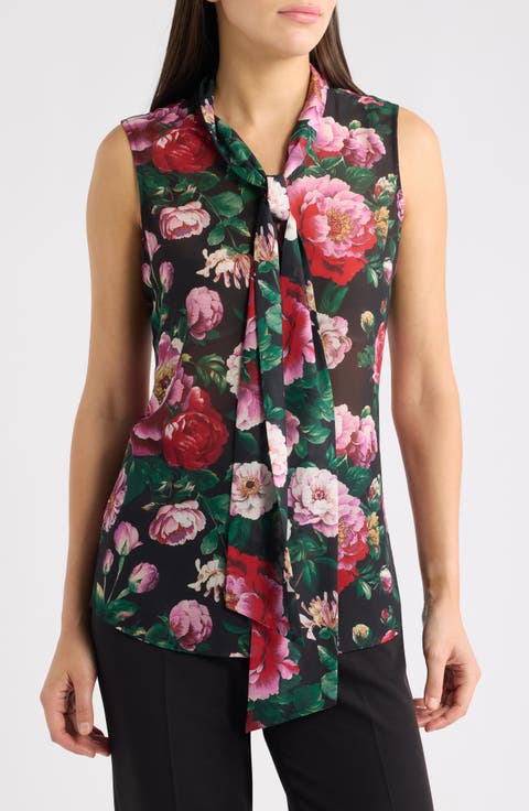 Floral Tie Neck Chiffon Top