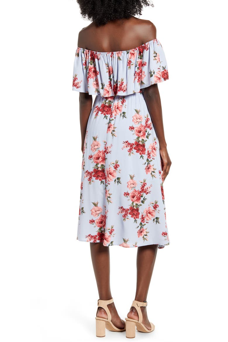 Off the Shoulder Popover Midi Dress, Alternate, color, BLUE DRIFT LARGE FLORAL