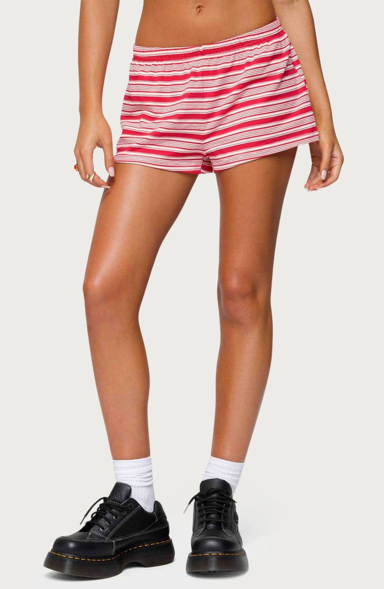 EDIKTED Glennon Stripe Low Rise Shorts, Main, color, Red-And-White